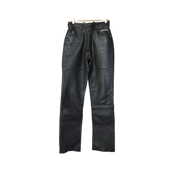 Women's Snap Waist Raw Hem Leather Pants - Black - XS